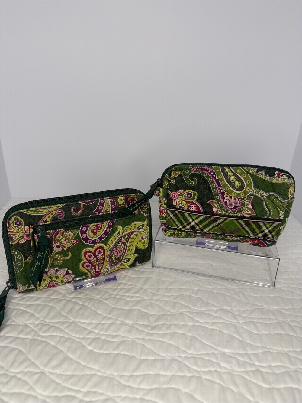 Vera Bradley Green Paisley Quilted Wallet and Makeup Bag Set